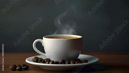 A cup of steaming black coffee on a saucer with roasted coffee beans