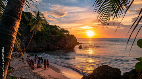 Landscape with People gathered on the sandy shore, silhouetted against a warm golden sky. Palm trees enhance the tropical ambience, Sunset by the sea photo