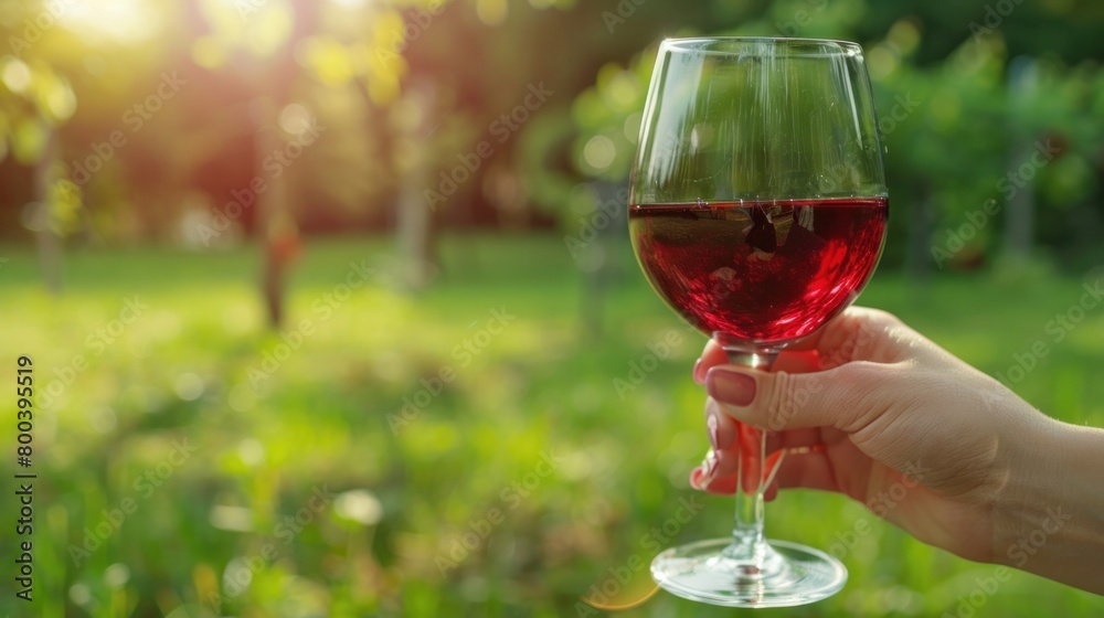 a glass of red wine in a female hand on the background of a lawn and captivity for a picnic