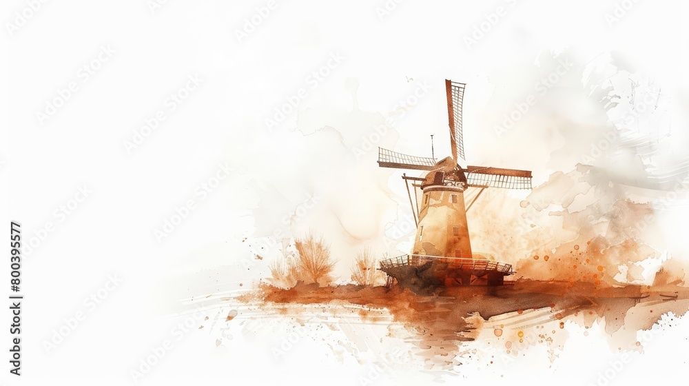 A watercolor painting of a windmill in the countryside