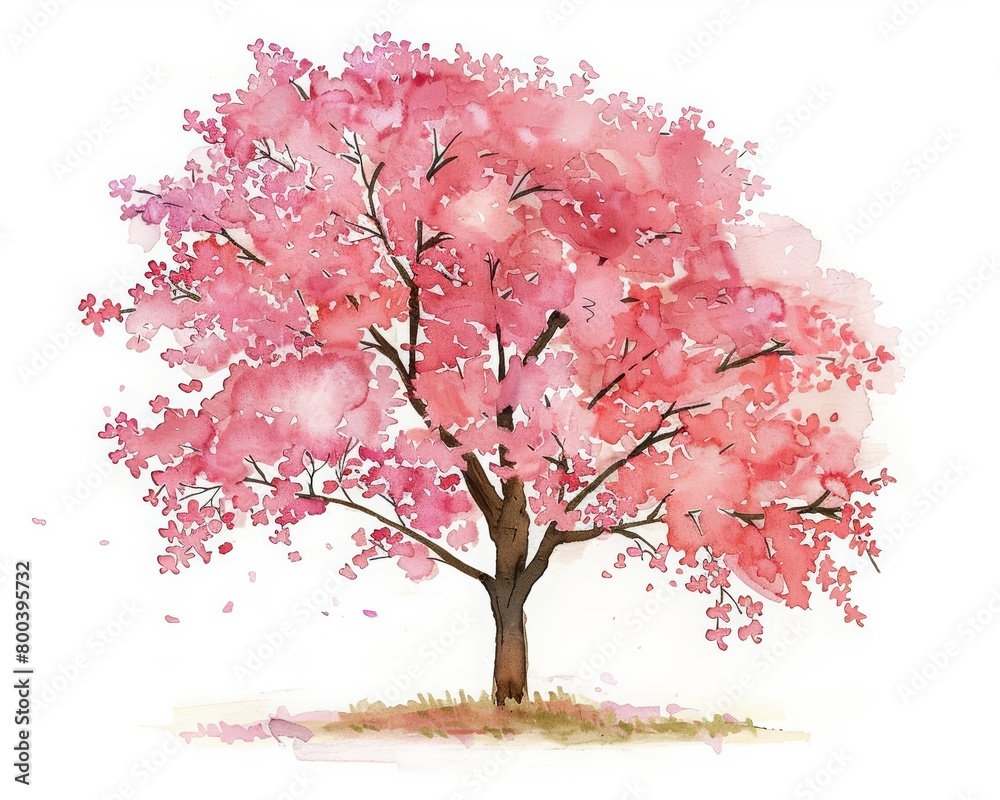A watercolor painting of a cherry blossom tree in full bloom