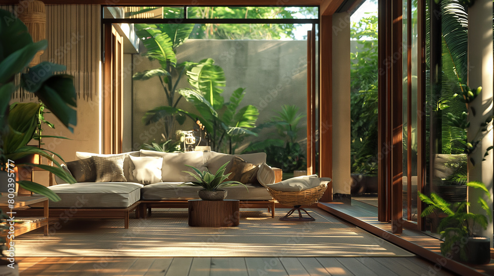 Fototapeta premium Living room in warm colors filled with sunlight and green plants. Generative AI