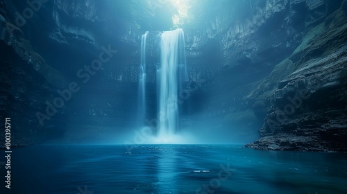 Serene Purity: Waterfall at Dusk, generative ai © Matus