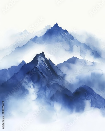 An abstract watercolor painting of blue mountains in the distance with white clouds and fog in the foreground
