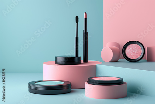 Set of makeup beauty cosmetic products in black on pink and blue color