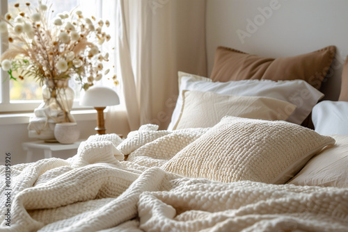 Cozy Bedroom Interior with Soft Bedding and Decorative Flowers in Natural Light photo