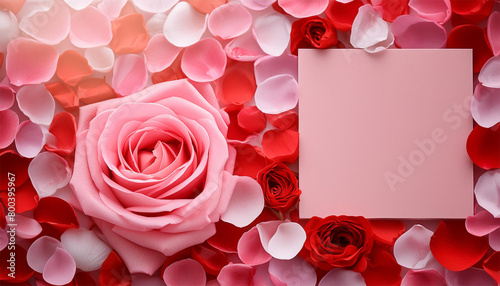 Valentines day background with pink rose and paper card, top view