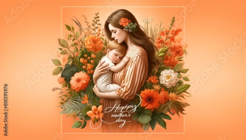 Illustration of mother with her little child, flower in the background. Concept of mothers day, mothers love, relationships between mother and child photo