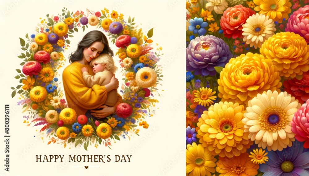 Illustration of mother with her little child, flower in the background. Concept of mothers day, mothers love, relationships between mother and child