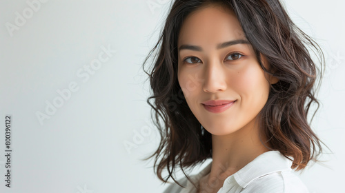Portrait of a 30 year old Japanese woman smiling slightly on a white background. Asian woman with a gentle smile and loose hair in white shirt