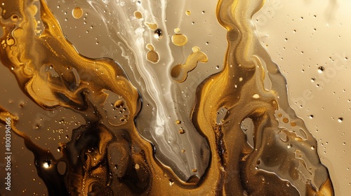 Abstract luxury golden liquid formation with intricate swirls and droplets, creating a mesmerizing and luminous background.