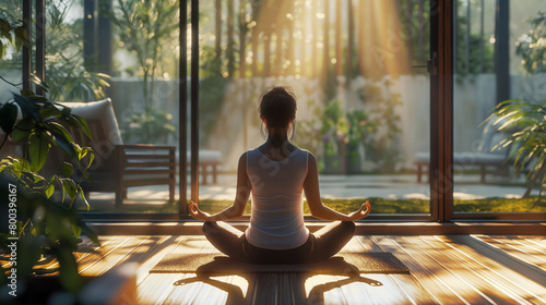 Tranquil Meditation in a Sunlit Indoor Garden. Generative AI