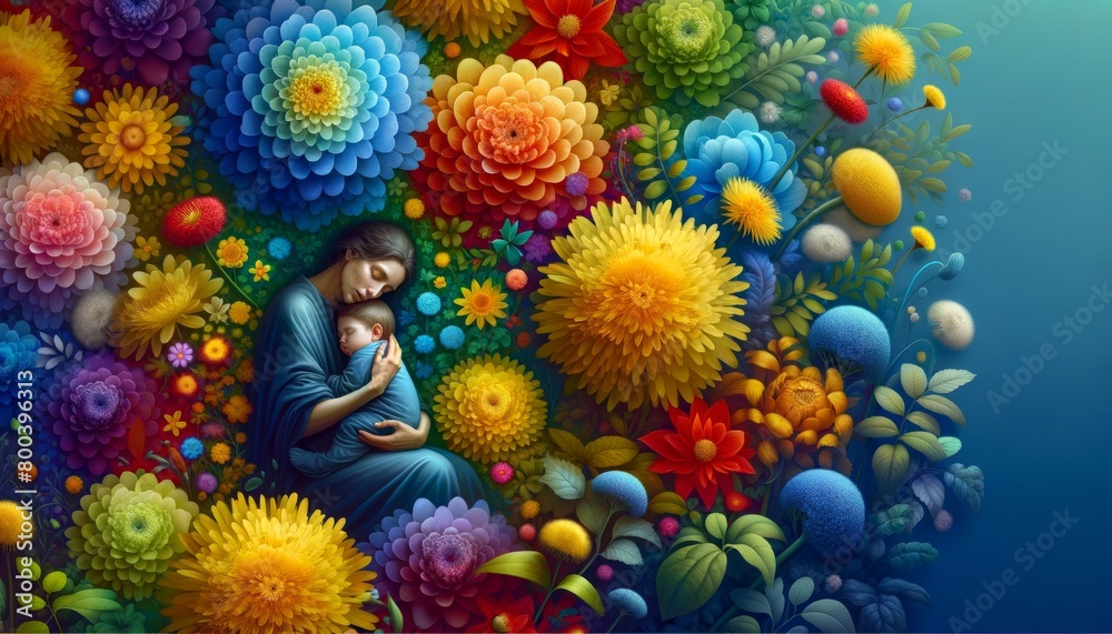 Illustration of mother with her little child, flower in the background. Concept of mothers day, mothers love, relationships between mother and child