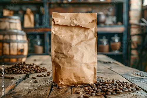 Vintage Coffee Shop Scene with Brown Paper Bag and Beans on Wooden Table