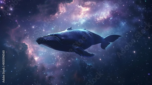 Majestic Blue Whale Swimming Through Starry Cosmic Expanse of Mysterious Interstellar Galaxy