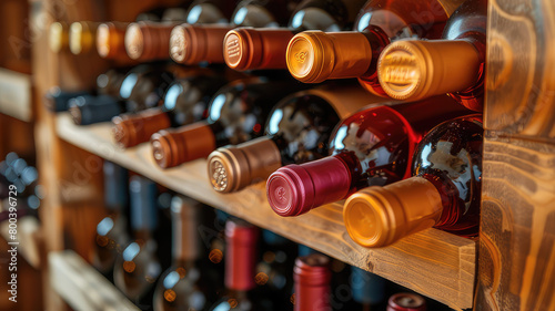 Wine bottles stacked on wooden rack, Wine collections stored in cellar on shelf photo