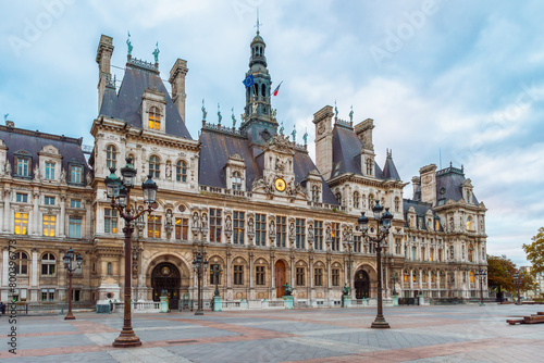 Paris City Hall building on Hotel de Ville square with nobody. French architecture. Historical building in Paris, France. Travel and touristic landmark