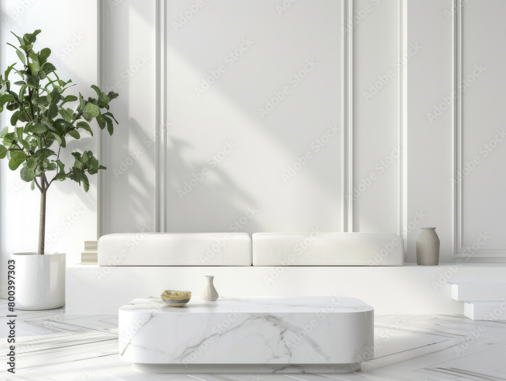 Fototapeta premium Minimalist White Marble Podium, front view focus, with a Clean Scandinavian Living Room Background