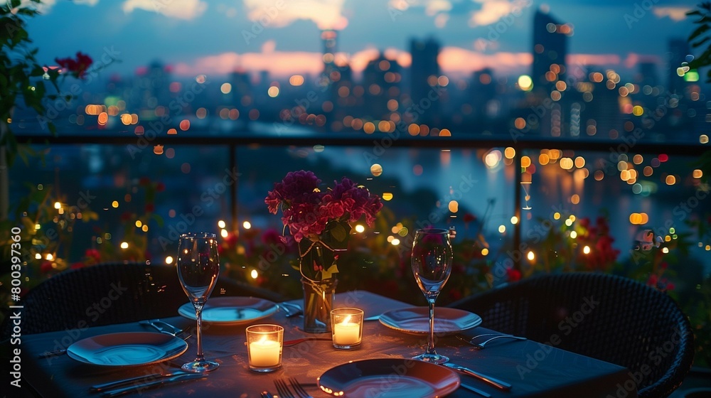 Candlelit Evening on Rooftop Terrace, generative ai