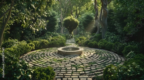 A peaceful garden with a labyrinthine path leading to a central fountain, inviting contemplation and spiritual reflection on Ascension Day.  photo