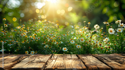 Wooden Plank Path through Vibrant Daisy Field at Sunset Summer Backdrop © VanDesigns