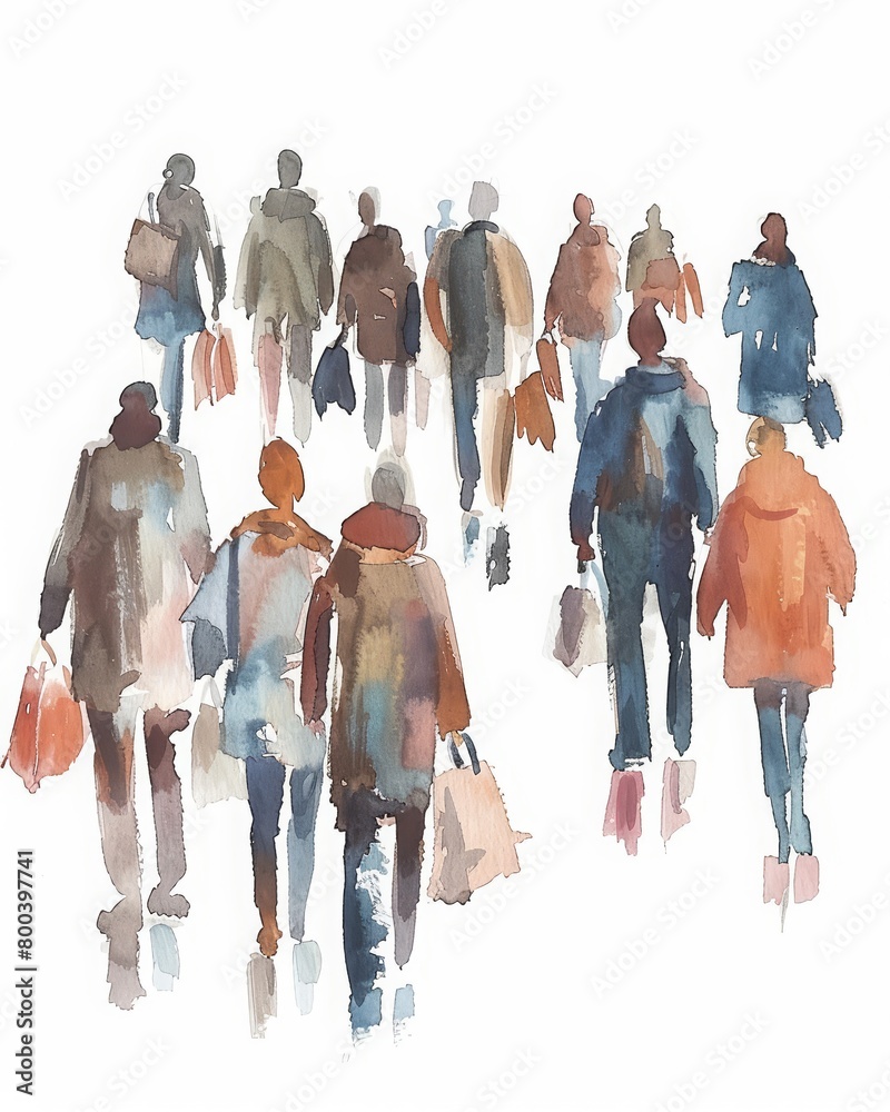 Fototapeta premium Aquarelle painting of a crowd of people walking away from the viewer. The people are wearing warm clothes and carrying shopping bags. The painting has a loose, sketchy style.