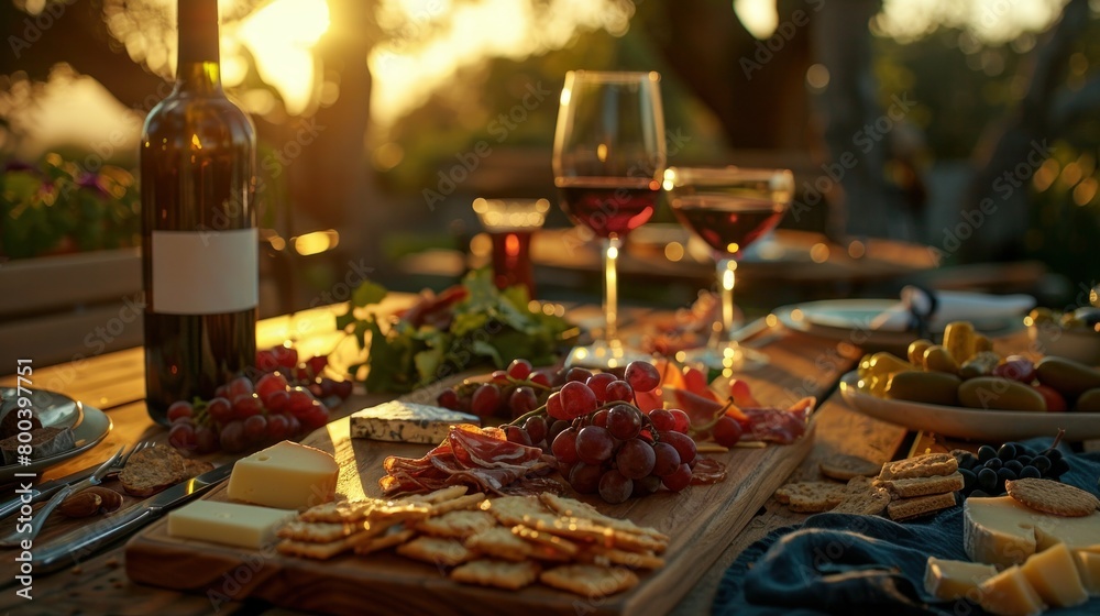 Beautiful table full of wine, cheese and snacks at dusk