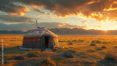 Sunset Serenity: Traditional Yurt in the Desert, generative ai photo