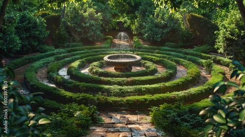 A peaceful garden with a labyrinthine path leading to a central fountain  inviting contemplation and spiritual reflection on Ascension