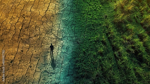 The concept of climate change, the contrast of a green, dry and barren field with a human silhouette