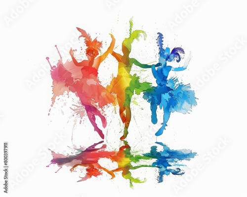 Colorful watercolor painting of three dancers in motion