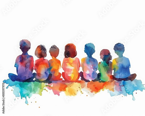 Aquarelle painting of seven children sitting in a row with their backs turned, each a different color of the rainbow.