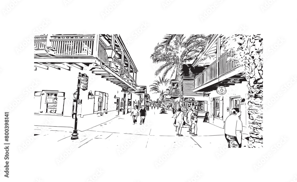 Print Building view with landmark of St Augustine is the city in USA. Hand drawn sketch illustration in vector.