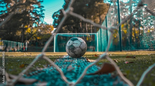 A soccer ball positioned inside a goal, representing the excitement and achievement of scoring during a soccer match.
