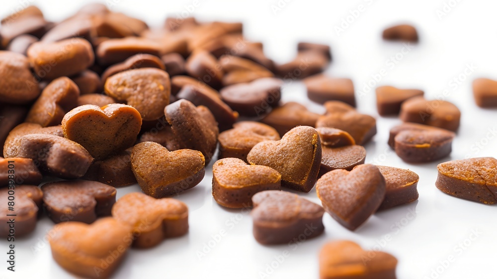 Obraz premium background for a pet store. Assortment of dry pet food. Daily diet in the shape of hearts