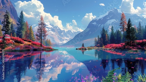 A beautiful mountain lake surrounded by snow-capped mountains and lush forests, with colorful flowers in the foreground and a clear blue sky with white clouds overhead. photo