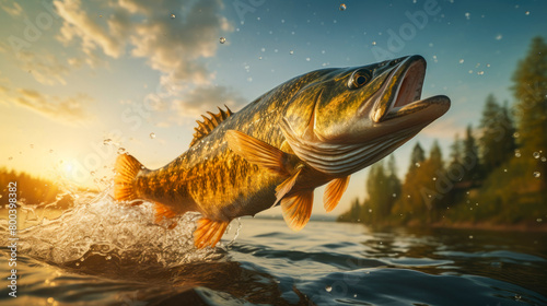 Close up of pike perch fish jumping from the water with bursts in high mountain clean lake or river, at sunset or dawn, picturesque mountain summer landscape. Copy space.