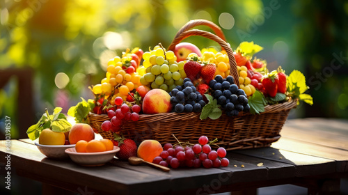 Wicker basket with berries and fruits  illuminated by rays of sun. It stands on wooden table  against blurred background of summer garden. Strawberries  peaches  blackberries  grapes. Copy space.