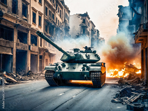 Panzer fährt durch eine zerstörte Stadt photo