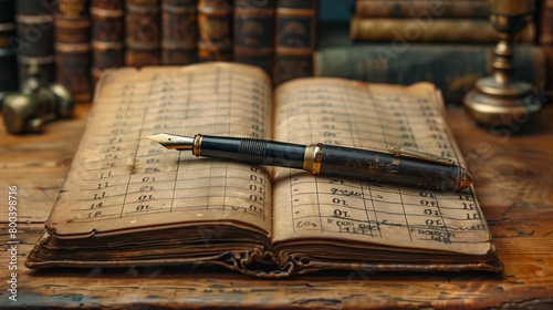 Antique Financial Ledger with Fountain Pen, generative ai