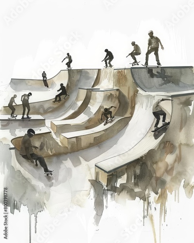 A group of skateboarders perform tricks on a concrete skatepark