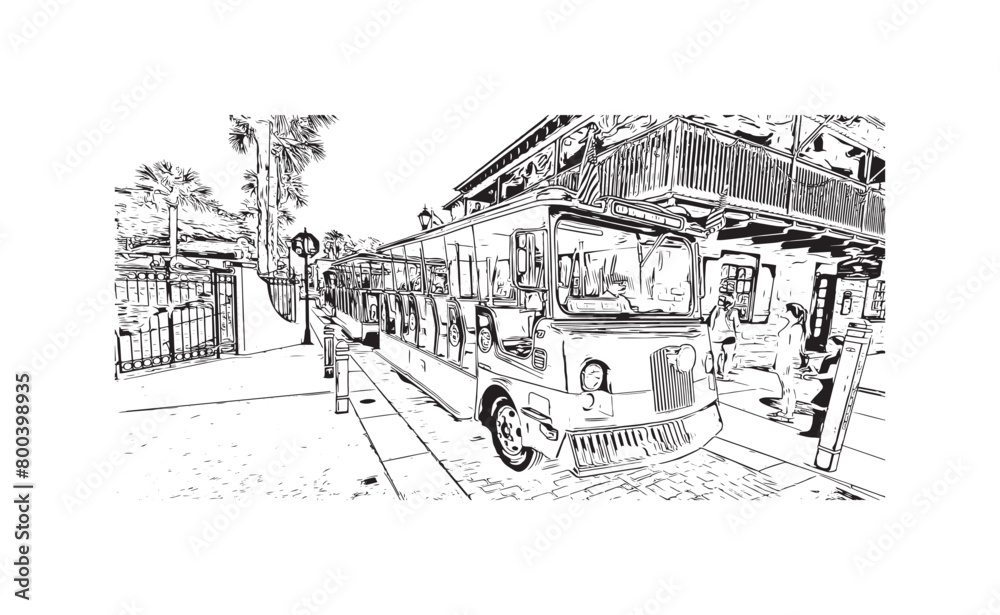 Print Building view with landmark of St Augustine is the city in USA. Hand drawn sketch illustration in vector.