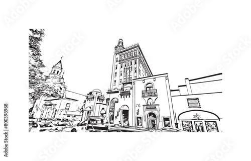 Print Building view with landmark of St Augustine is the city in USA. Hand drawn sketch illustration in vector.