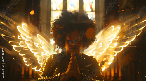 Graceful Glow: An Afro Woman's Prayer in the Chapel, Angelic Wings Aglow, celestial God Jesus Maria chapel photo