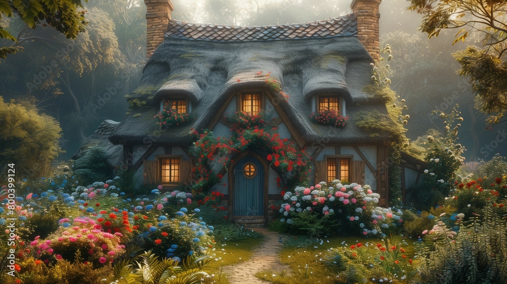 Naklejka premium Idyllic Thatched Roof Cottage at Dawn, generative ai