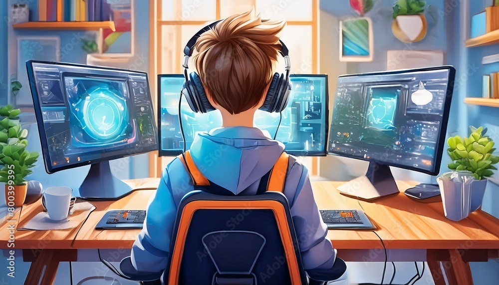 Animation 16 year old young boy tplaying games in computer and have gaming chair and 3 big moniter and in moniter screen play games and best details animation and boy give sing to come Animation 16 year old young boy tplaying games in computer and have gaming chair and 3 big moniter and in moniter screen play games and best details animation and boy give sing to come