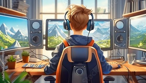 Animation 16 year old young boy tplaying games in computer and have gaming chair and 3 big moniter and in moniter screen play games and best details animation and boy give sing to come photo