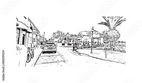 Print Building view with landmark of St Augustine is the city in USA. Hand drawn sketch illustration in vector.