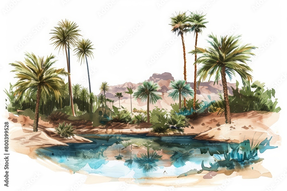 Fototapeta premium A beautiful oasis in the middle of the desert. The oasis is surrounded by palm trees and has a crystal clear pool of water.