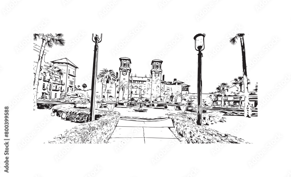 Print Building view with landmark of St Augustine is the city in USA. Hand drawn sketch illustration in vector.